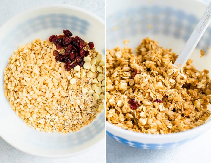 Side by side photos of mixture for cranberry granola bars.
