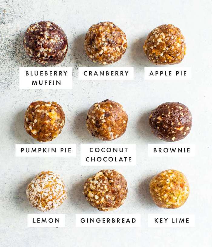 Nine different date energy balls with flavors labeled.