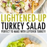 Bowl of creamy turkey salad with celery, cranberries and almonds. Bottom photo is of the turkey and chopped veggies and mayo that go in the salad before being mixed.