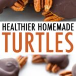Close up photo of homemade turtle candies, and another photo of turtles lined up on a countertop.