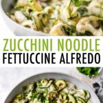 Two photos. One is tongs serving zucchini noodles. The second is zucchini noodle alfredo in a skillet.