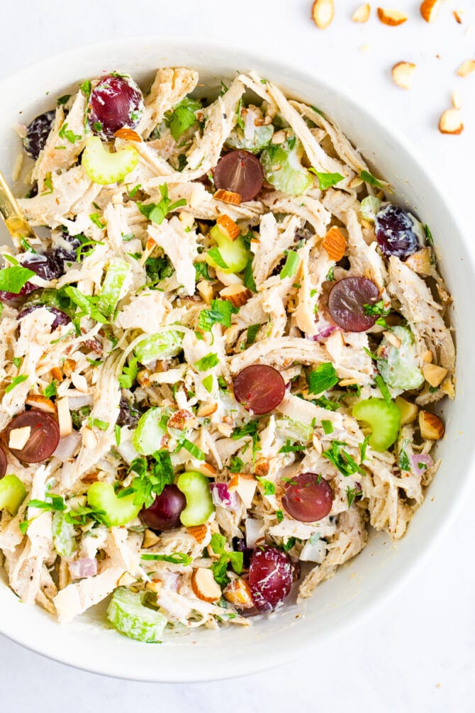 A large bowl of yogurt chicken salad.