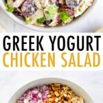 Two photos; One is of chicken salad and the other is of the chicken salad ingredients in a bowl: greek yogurt, mustard, nuts, onion, herbs, chicken, celery and grapes.