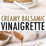 Photo of creamy balsamic dressing in a jar and being drizzled over a salad.