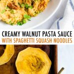 A photo of a fork taking a bite from a plate of spaghetti squash with walnut pasta sauce. Another photo of cooked rings of spaghetti squash on a baking sheet.