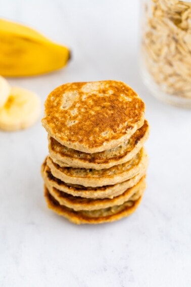 A stack of small pancakes made with bananas.