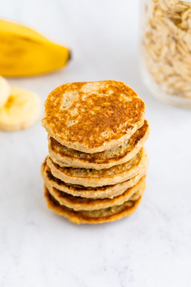 A stack of small pancakes made with bananas.