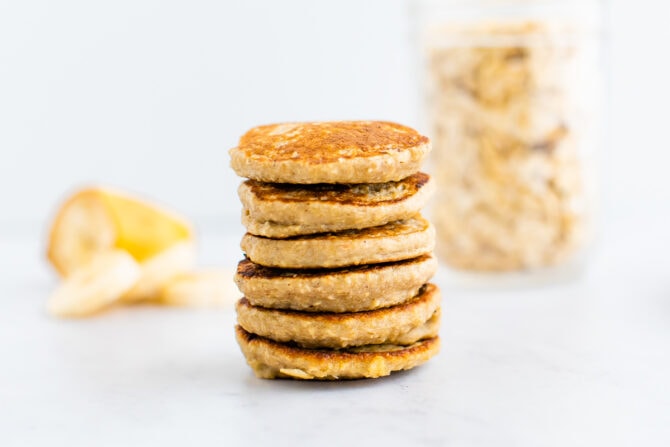 A stack of small banana pancakes for babies.