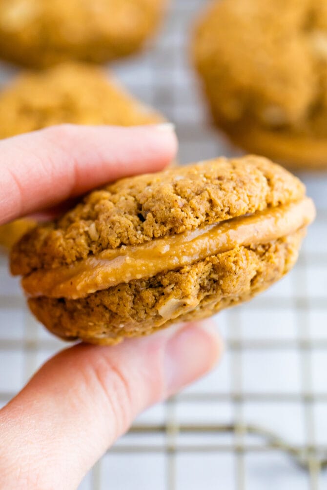 Hand holding a peanut butter sandwich cookie.