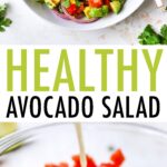 Serving bowl with avocado and tomato salad garnished with lime and cilantro. Another photo of lime dressing being poured over a salad bowl of avocado, onion, cilantro and tomato.