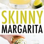 Glass with a margarita garnished with lime orange slices. Another photo of a cocktail shaker pouring the margarita mixture over a glass of ice.
