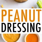 Spoon with peanut dressing from a small jar. Photo of peanut butter, maple syrup, garlic, ginger, rice vinegar and soy sauce measured out.