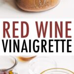 Whisk in a jar of red wine vinaigrette. Another photo of red wine vinegar, live oil and dijon mustard measured in small bowls and jars.
