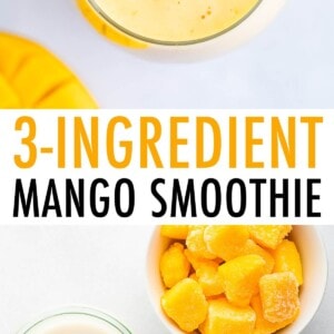 Photo of a mango smoothie in a glass, and a photo of frozen mango, almond milk and greek yogurt measured out.