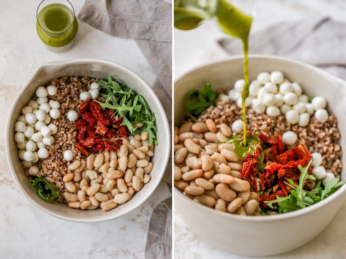 Side by side photos of a salad bowl with arugula, mozzarella, farro, sun-dried tomatoes and cannellini beans. The second photo has a jar of basil vinaigrette being poured onto the salad.