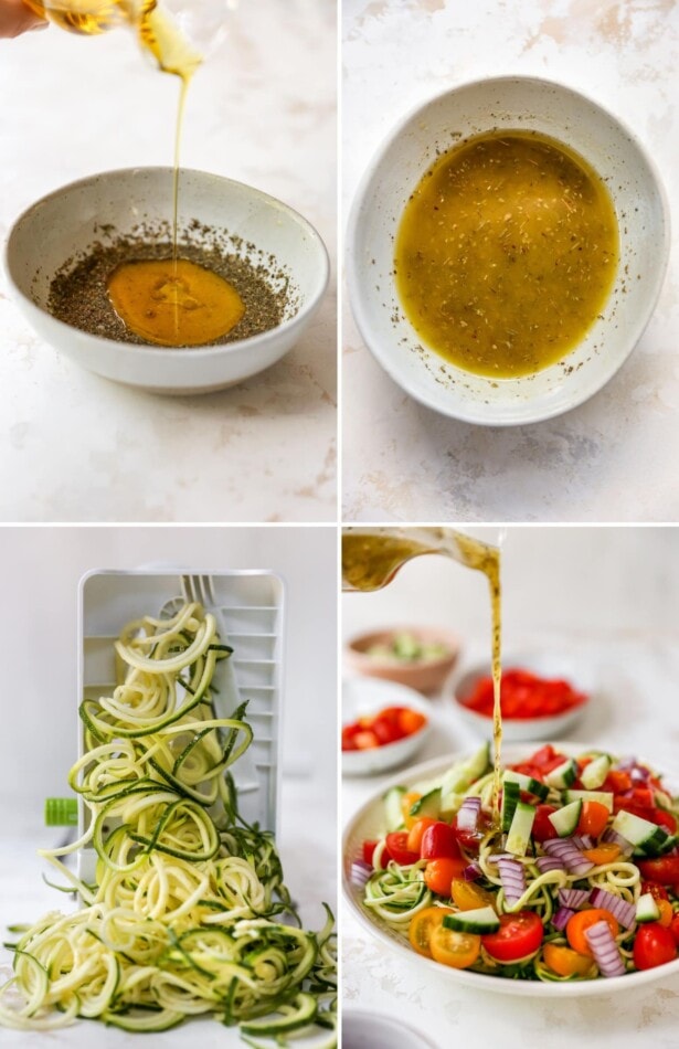 Collage of 4 photos: two showing making homemade italian dressing, zucchini noodles being made and a zoodle salad with dressing being poured over the salad.