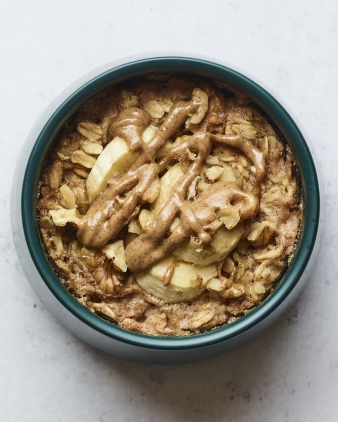 Bowl of banana walnut baked oatmeal.