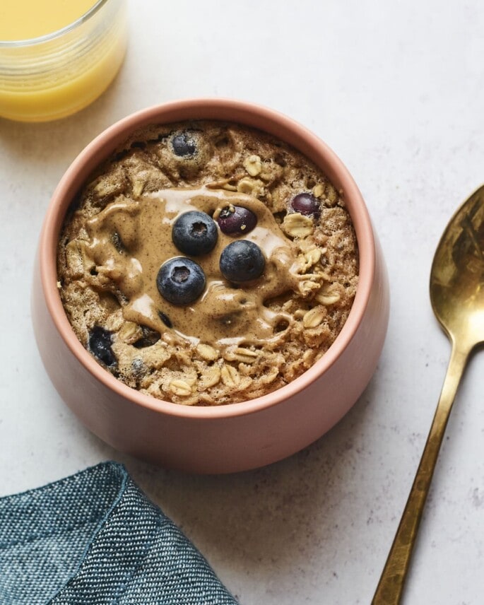 Bowl of blueberry baked oatmeal.
