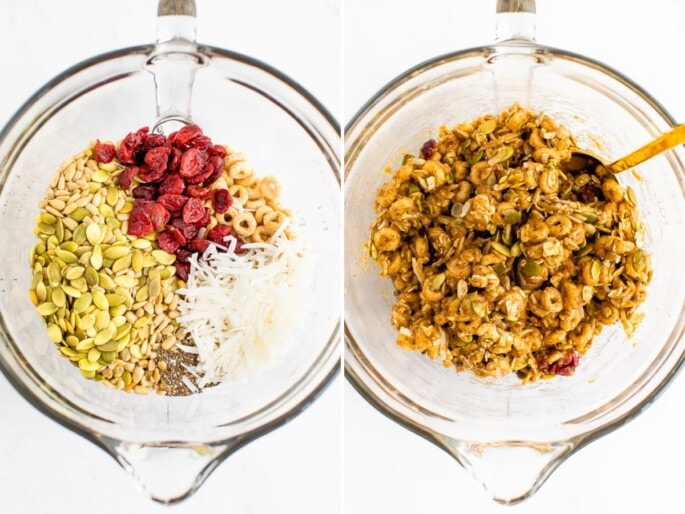 Superfood Cereal Squares -- Like trail mix in bar form, these cereal squares are packed with nutrient dense superfood seeds, whole grain cereal and dried fruit. They’re held together with a blend of almond butter and honey so they’re nutty, sweet and perfectly chewy with a little crunch from the cereal. Side by side photos of a mixing bowl with ingredients to make cereal bars, before and after the mixture is combined.
