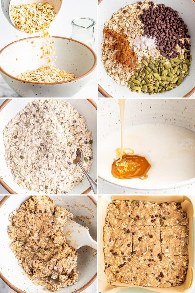 Pumpkin Seed and Chocolate Chip Oatmeal Breakfast Bars from Plant-Powered Families 6 photos showing the process of how to make oatmeal breakfast bars, from making the batter to baking in a pan.