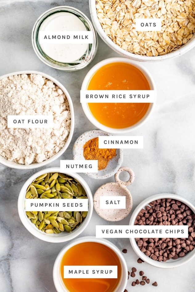Pumpkin Seed and Chocolate Chip Oatmeal Breakfast Bars from Plant-Powered Families Ingredients measured out to make oatmeal breakfast bars: oats, almond milk, brown rice syrup, oat flour, cinnamon, nutmeg, salt, pumpkin seeds, chocolate chips and maple syrup.