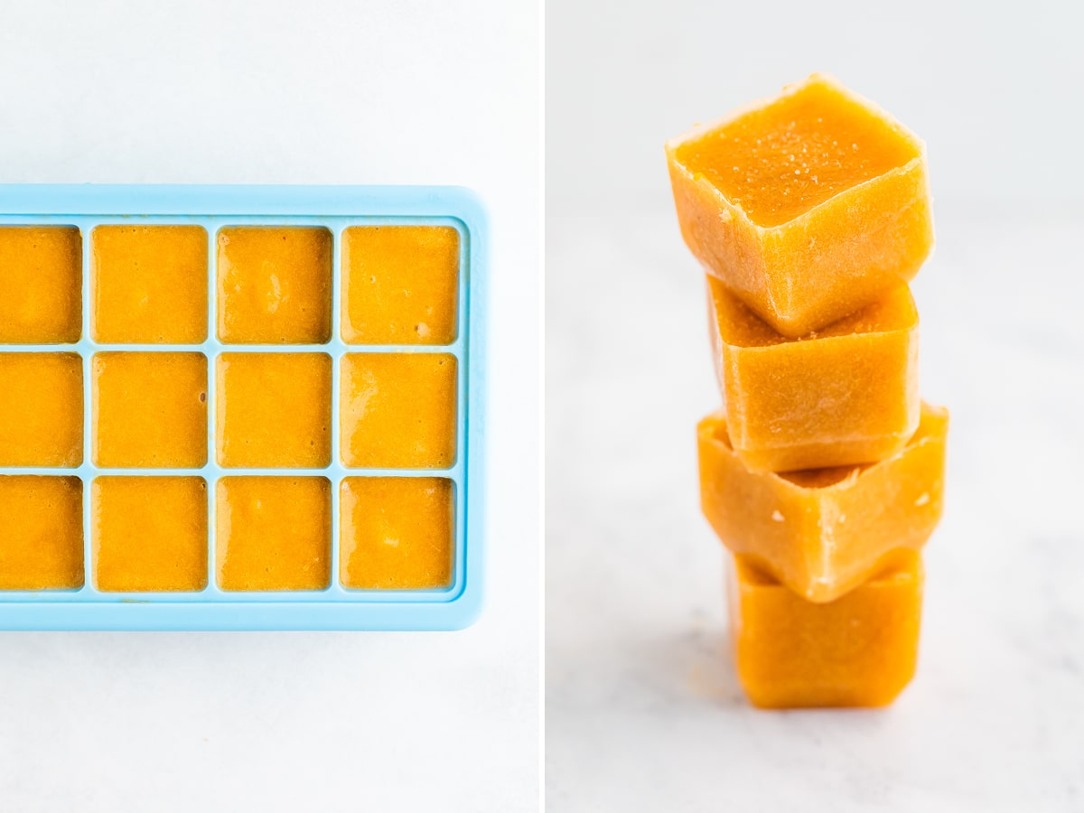 Side by side photos of peach puree baby food in an ice cube tray, and then a stack of frozen peach cubes.
