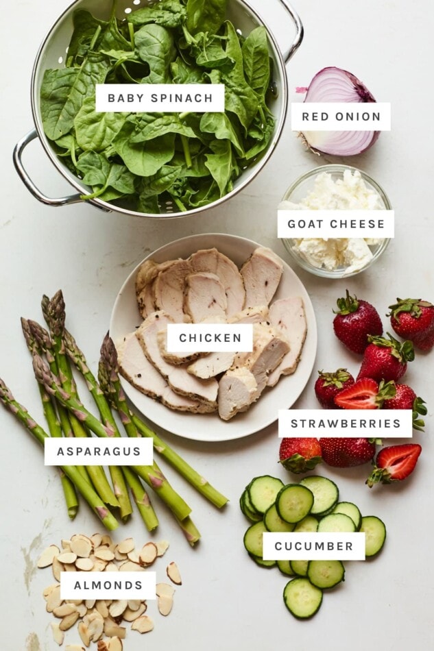 Pin this image to save this delish Strawberry Spinach Mason Jar Salad recipe for later! Ingredients measured out to make strawberry spinach chicken salad.