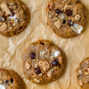 S'mores cookies on parchment paper.