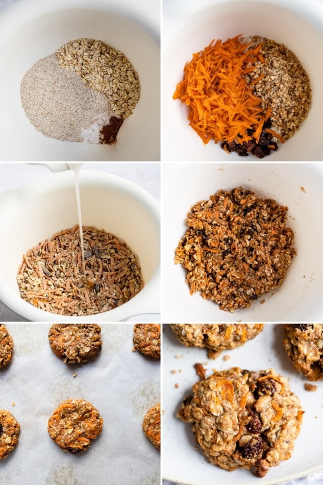 6 process photos showing how to make carrot cake breakfast cookies: from making the cookie dough to baking the cookies.