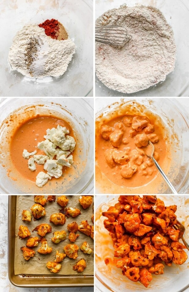 Vegan + Gluten-Free Cauliflower Wings // Perfect for Game Day Collage of 6 photos showing the process to make cauliflower buffalo wings: coat cauliflower in spiced batter, bake, and toss with buffalo sauce.