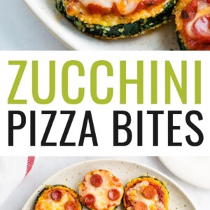 Photos of zucchini pepperoni pizza bites on a plate.