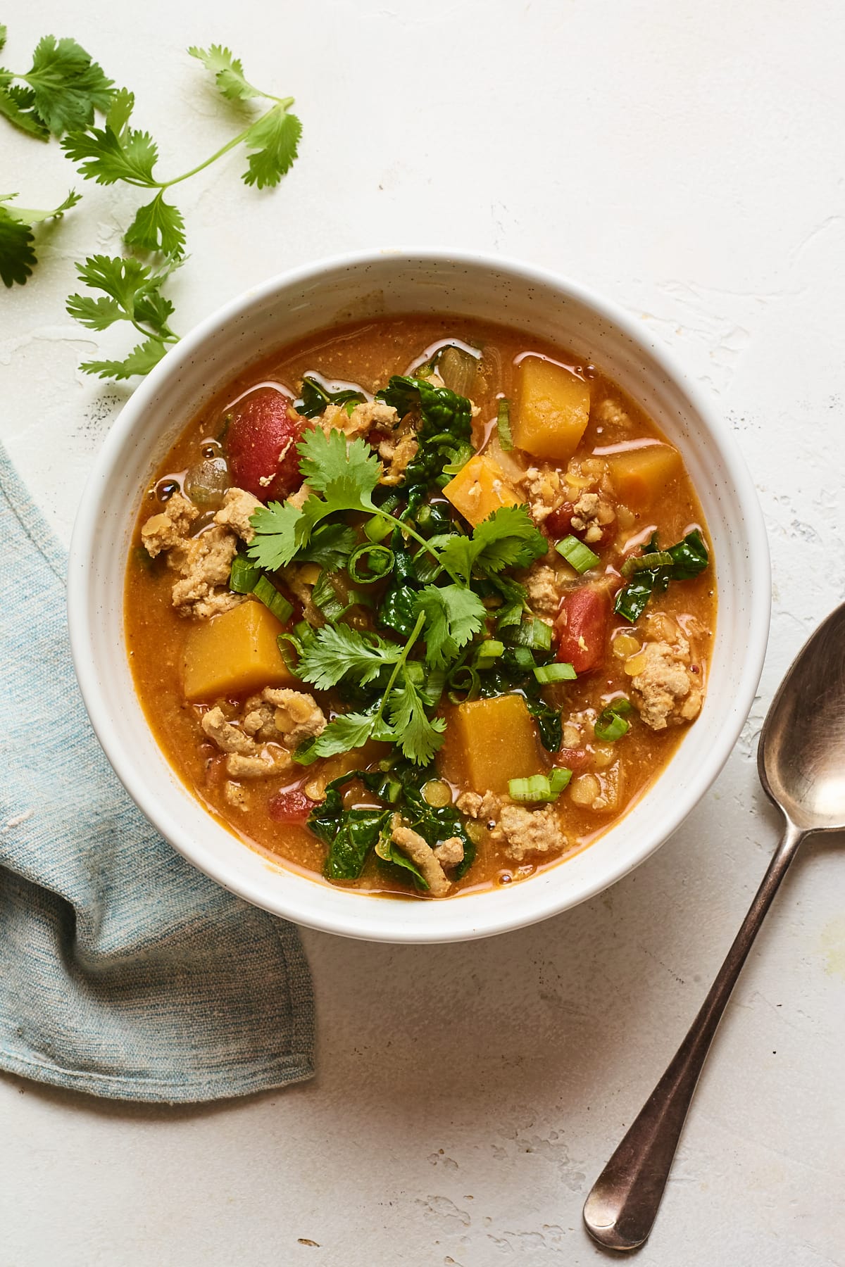 Not your average chili, this butternut squash and turkey chili features red lentils and is simmered in a creamy coconut milk and tomato broth. Make this in your pressure cooker or on the stove top! An overhead photo of a bowl of butternut squash turkey chili. A silver spoon rests to the side of the bowl.
