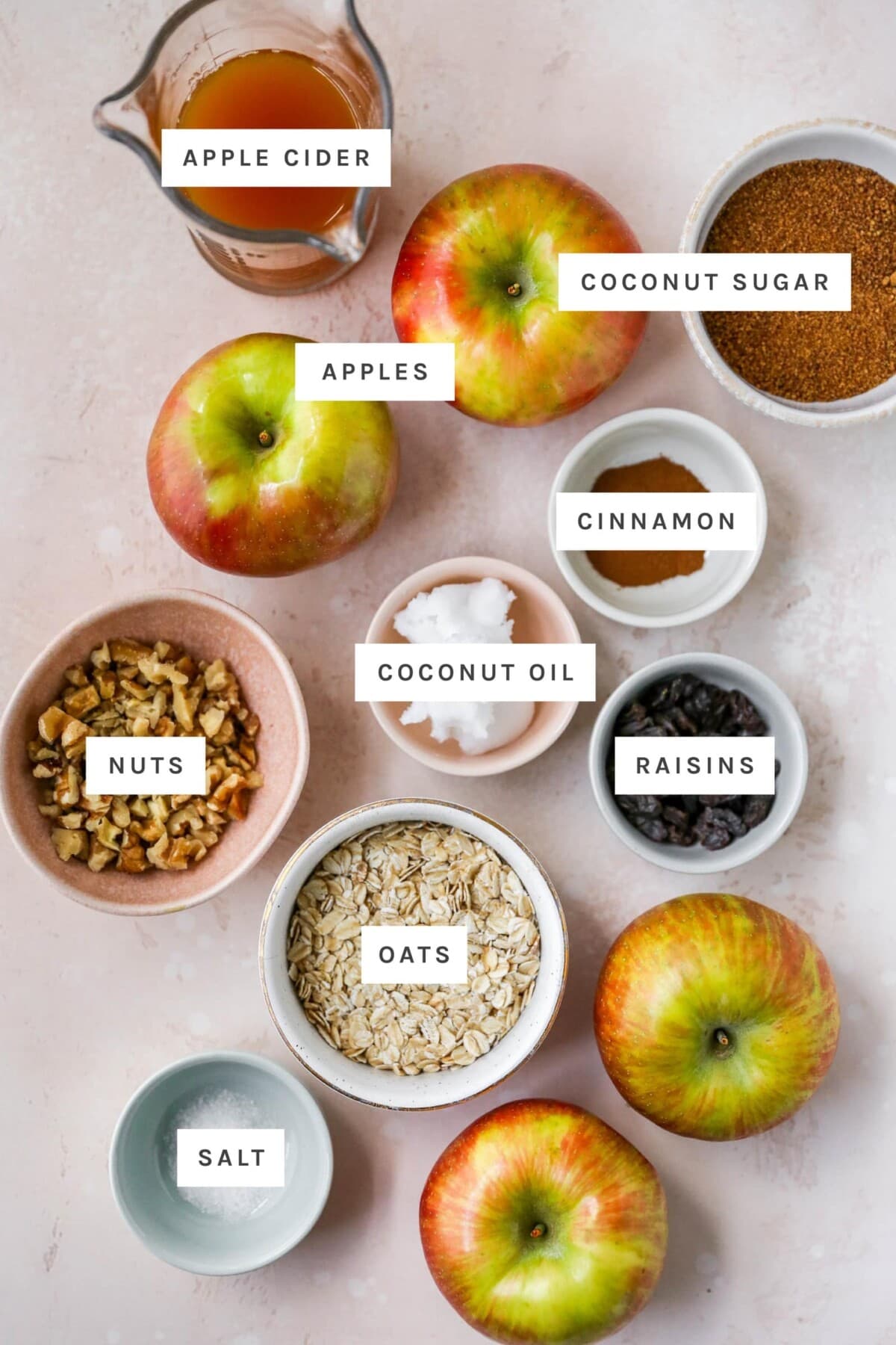 Ingredients measured out to make baked apples: apple drink, coconut sugar, apples, cinnamon, coconut oil, nuts, raisins, oats and salt.