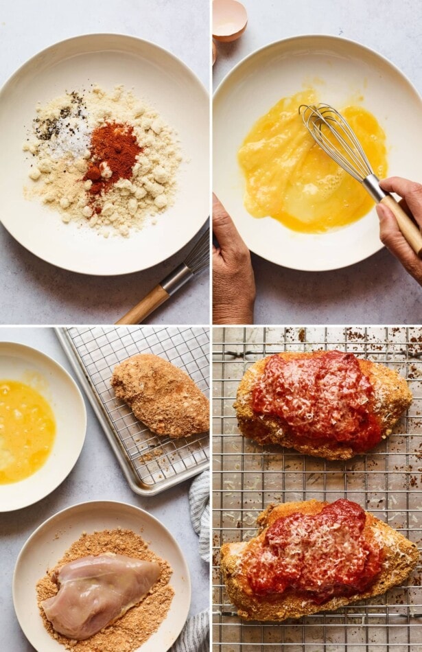 A healthy version of chicken parmesan with roasted broccoli on the side. Collage of four photos showing how to make healthy chicken parm. 1. almond meal and spices in a bowl. 2. whisking eggs 3. Breading chicken in egg and almond meal. 4. baking chicken with marinara and parm.