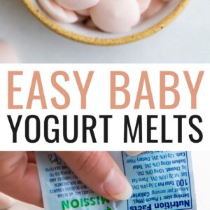 Bowl of baby yogurt melts-- frozen dots of strawberry yogurt. Photo below is a person squeezing yogurt onto a parchment paper lined cookie sheet.