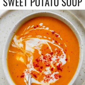 Overhead shot of a bowl of soup with a spoon resting inside the bowl.