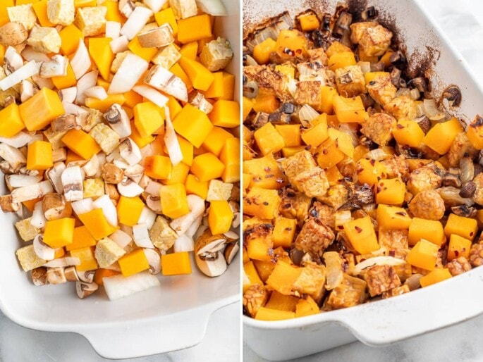 This tempeh butternut squash bake is loaded with protein, veggies and flavor! It's easy to make, vegan, gluten-free and absolutely delicious! Side by side photos of a tempeh butternut squash bake before and after being baked.