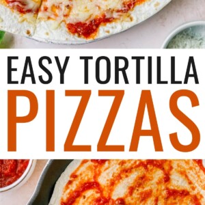 A close up overhead shot of a tortilla pizza. A ramekin of cheese is in the bottom right corner of the image. Another photo of a person spreading pizza sauce on a tortilla that's in a pan.