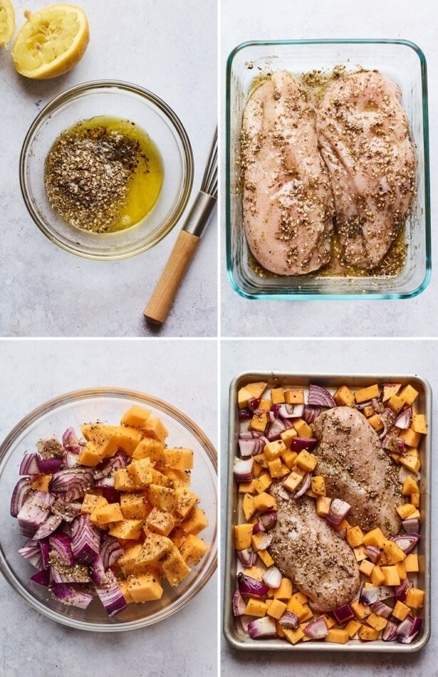 Get inspired by Middle Eastern flavors with this one pan za'atar chicken bake. It's easy to whip up and tastes incredible, especially with a drizzle of tahini dressing. Paleo, gluten-free and whole30 approved. Collage of four photos: 1. Za'arar marinade in a bowl. 2. Chicken in the marinade. 3. Red onion and butternut squash cubes tossed with spices and z'atar. 4. Chicken and veggies on a sheet pan.