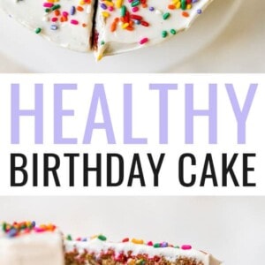 Photo of a birthday cake from the top with a slice cut, and a second photo of the inside of the birthday cake where you can see three layers of cake.