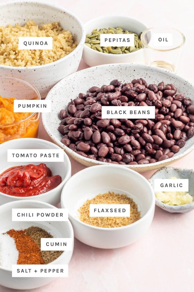 Ingredients measured out to make black bean pumpkin burgers: quinoa, pepitas, oil, pumpkin, black beans, tomato paste, flaxseed, garlic, chili powder, cumin, salt and pepper.