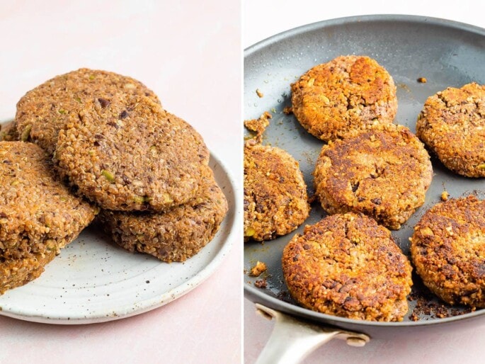 Side by side photos of pumpkin burgers before being cooked, and the burgers cooking in a skillet.