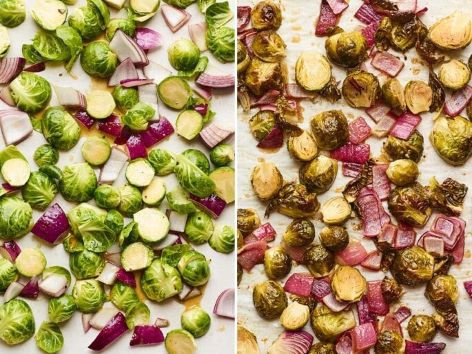 Brussels sprouts and red onion on a baking stone before roasting. Side by side photos of brussels sprouts and red onion on a sheet pan before and after roasting.