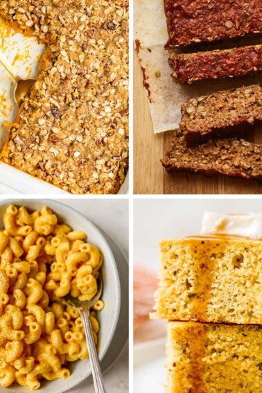 Collage of photos: sweet potato casserole, lentil loaf, vegan mac and cheese and vegan cornbread.
