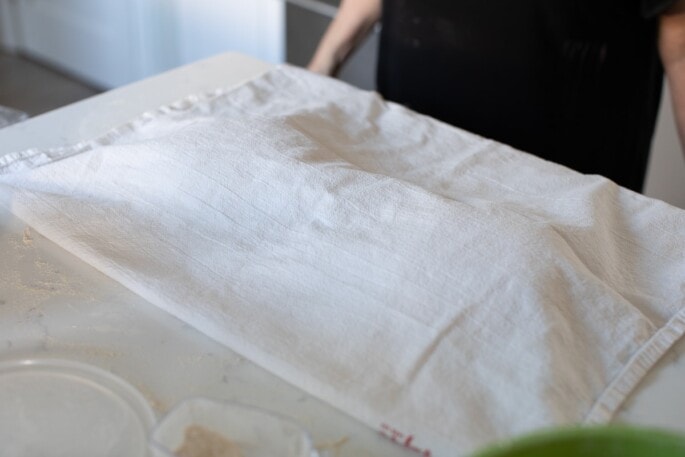 Two sourdough dough balls covered with a tea towel.