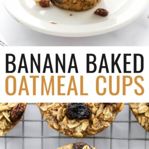 Two banana baked oatmeal cups stacked on top of each other on a plate. Photo below is of several banana baked oatmeal cups topped with raisins on a cooling rack.