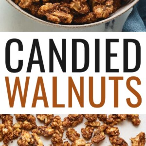 A serving bowl containing candied walnuts. Photo below is the candied pecans on a cookie sheet with a spatula.