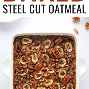 An overhead photo of an 8x8 baking dish with baked steel cut oats topped with banana slices and pecans.