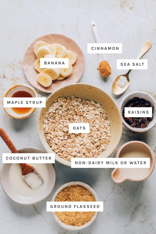 Cinnamon Raisin Oatmeal with Coconut Butter and Maple Syrup Ingredients measured out to make cinnamon raisin oatmeal: cinnamon, sea salt, banana, maple syrup, oats, raisins, coconut butter, non-dairy milk and ground flaxseed.