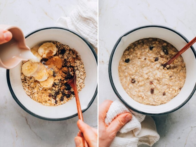Ditch the instant oatmeal packets and make this Homemade Cinnamon Raisin Oatmeal -- it's healthier and takes less than 10 minutes to whip up! Side by side photos of how to make cinnamon raisin oatmeal. The first photo is a hand pouring non-dairy milk into a pot with bananas, cinnamon, flaxseed, raisins and oats. The second photo is the pot with the cooked oatmeal. Spoon is in the pot.